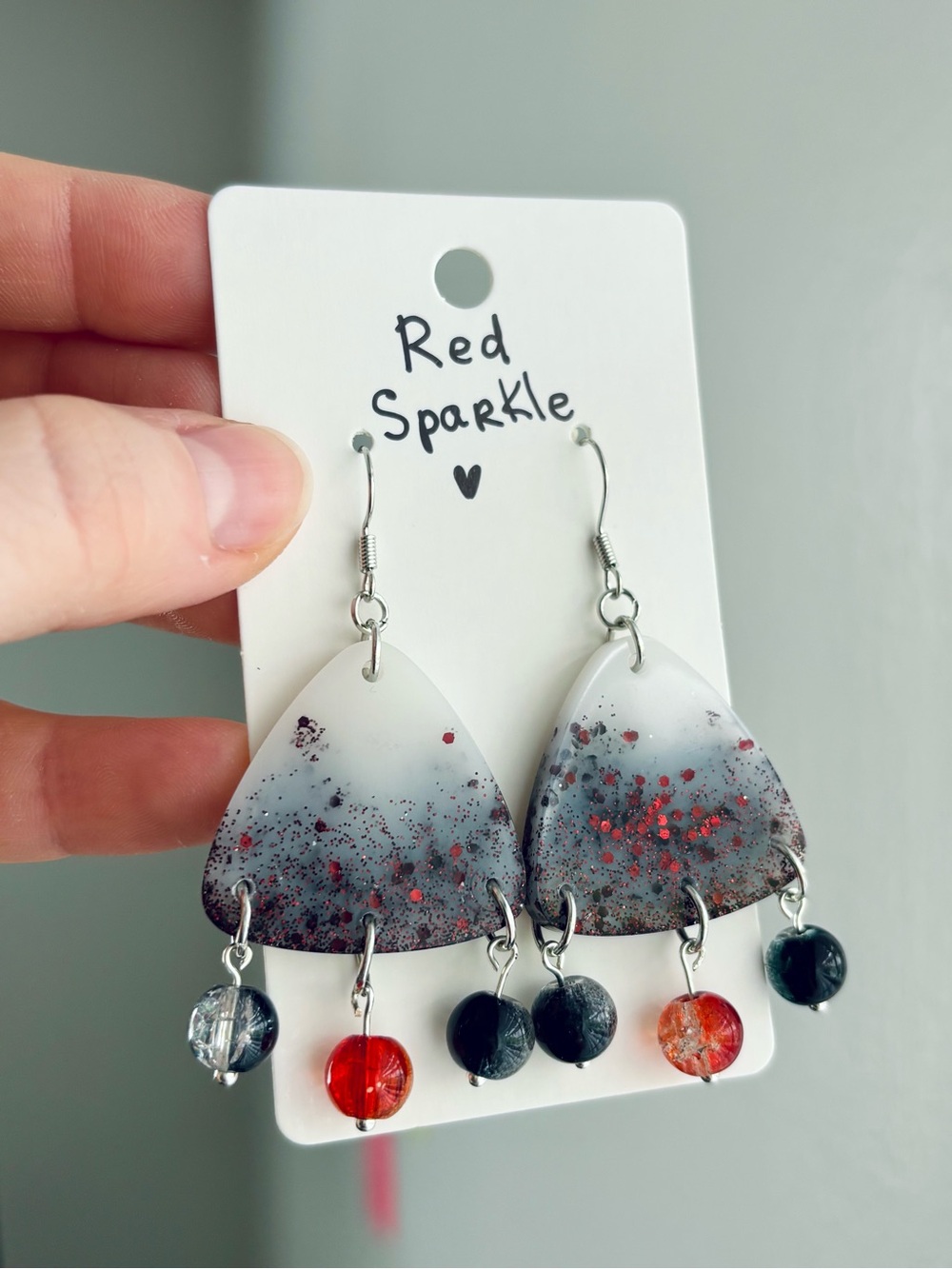 Red Sparkle Resin Triangle Earrings Handmade Red Black Glitter Beaded Dangles